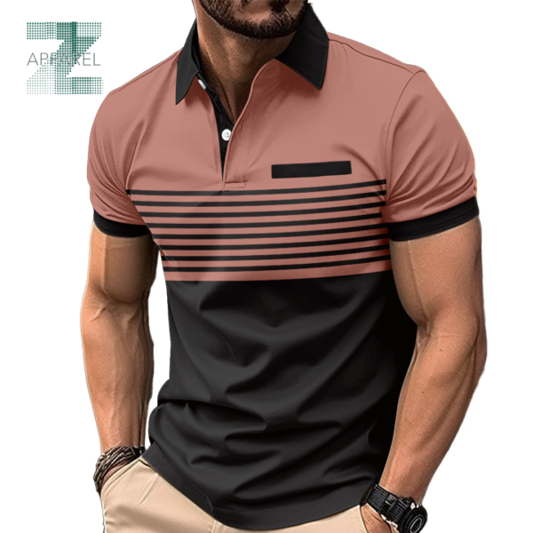 Men's Casual Striped Polo Shirt with Chest Pocket 180gsm 100% Cotton T-Shirt for Men - Image 4
