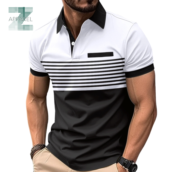 Men's Casual Striped Polo Shirt with Chest Pocket 180gsm 100% Cotton T-Shirt for Men - Image 2